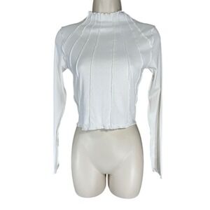 Ardene Mock Neck Crop Top W/S bone White Exposed Seam Ribbed Long Sleeve NWOT